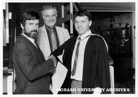 Marcus Schmidt (right) winner of Tubemakers Australia Prize with Mr Leigh Fletcher of Tubemakers (left) and Professor R. W. Cahn of Cambridge University