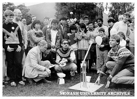 Great David Sanders rubber band ballistic egg competition. Winner of a second-year Mechanical Engineering project set by Mr Charles Ambrose (front left) and Mr Bruce Kuhnell (front centre)
