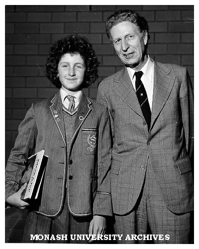 Former Dean of Engineering, Professor Ken Hunt at function at Deakin Hall (with unidentified female student)