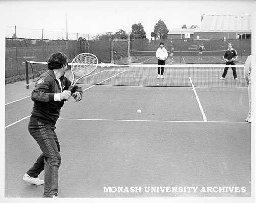 'Engineering Mates', from left: Mr Bruce Kuhnell, John Lee and Professor Bill Melbourne, part of team to win the Waverley District 'C Special' Autumn night tennis competition