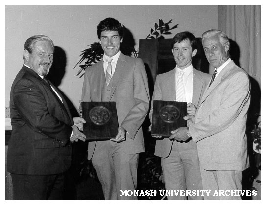 Joint winners of J. W. Dodds Memorial Medal Christopher Carra (second right) and Graham Thomas with Mr R. J. Huston (left) and Mr R. G. Austin (right) of Clyde-Riley Dodds