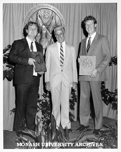 Joint winners of J. W. Dodds Memorial Medal Andrew Dyer (left) and David Reid with Mr Ray Austin of Clyde-Riley Dodds