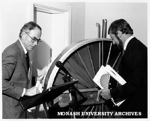 Mr Charles Ambrose and Senator Gareth Evans, in front of rotary regenerative heat exchanger
