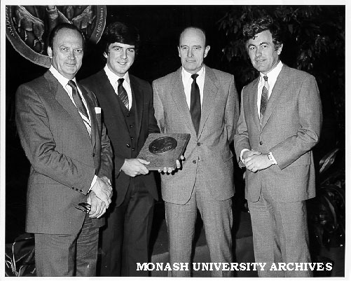 Greg McPhee (second left) winner of J. W. Dodds Memorial Medal, with from left: Professor Lance Endersbee; general manager of Clyde-Riley Dodds, Mr Gordon Page; and chairman of Mechanical Engineering Professor Bill Melbourne
