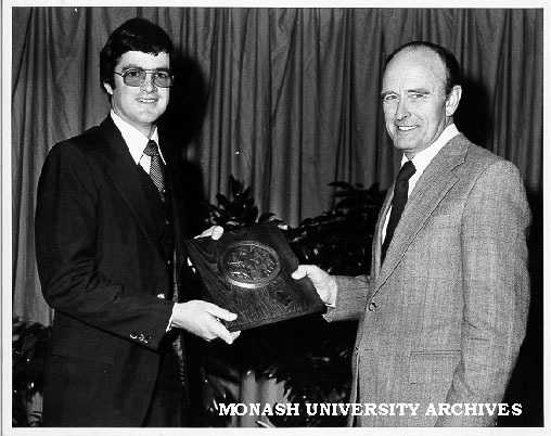 Garry Flanigan, winner of J. W. Dodd Memorial Prize with Mr Gordon Page acting general manager of Clyde-Riley Dodds