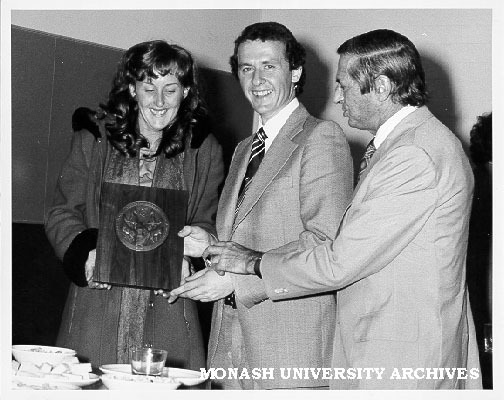 Denis Blom (centre) with wife Anne, receiving J. W. Dodds Memorial Prize from Professor John Crisp