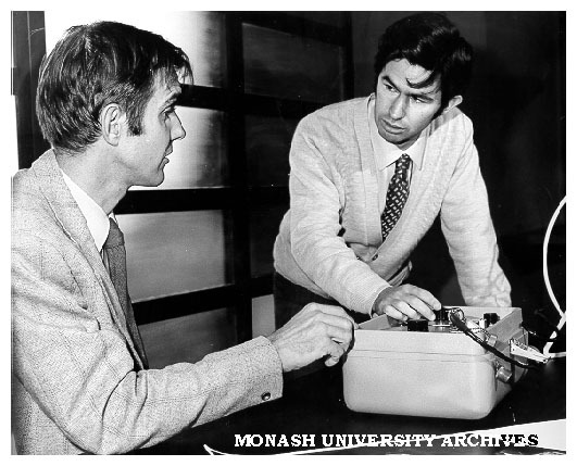 Jon Hinwood and Des Mills, taking readings from temperature salinity metre