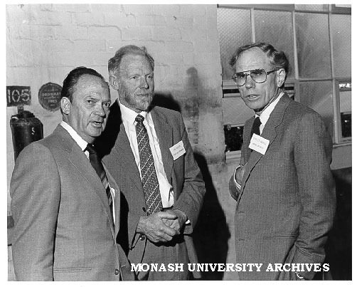Professor Lance Endersbee (left), Mr Ern Robson and Mr Charles Ambrose at launch of rotary regenerative heat exchanger dissemination phase at APPM paper mill in Ballarat