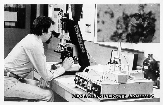 Mr Jack Stecki using ferroscope to examine contaminated oil from aircraft gearbox