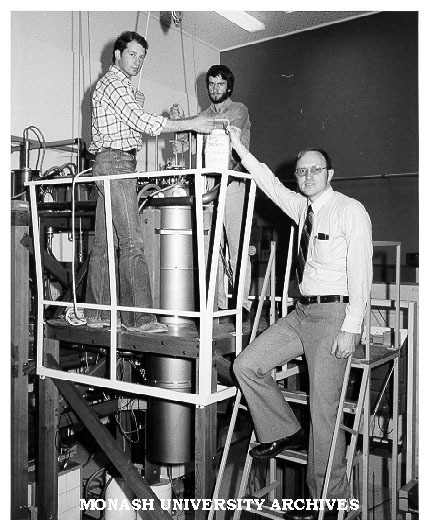 Dr John Barclay (right) and students Oscar Moze (left) and Lincoln Paterson working on magnetic refrigerator prototype