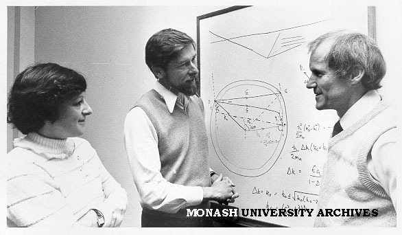 Professors Susan Town (left), John Cashion (right) and Associate Professor Fred Smith discussing neutron diffraction