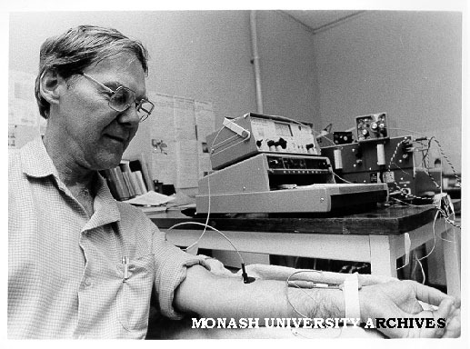 Associate Professor Rod Westerman being tested with laser Doppler flowmeter