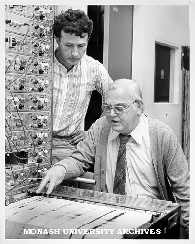 Dr Jeremy Singer (left) and Professor Geoffrey Thorburn studying cortical, muscular and breathing patterns of foetal sheep