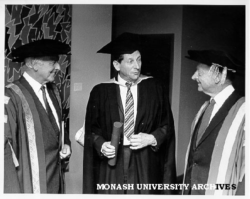 Honorary graduate, Science photographer Mr Bruce Fuhrer with Governor Dr Davis McCaughey (left) and Chancellor Sir George Lush (right)