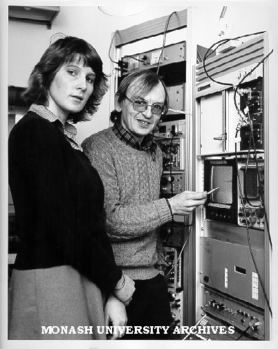 Physiologist Dr David Hirst and technician Cathie Broben examining arteriole responses to stimulation