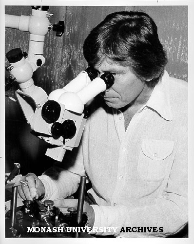 Dr Richard Mark at dissecting microscope