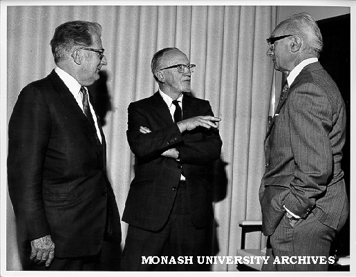 Emeritus Professor A. K. McIntyre (centre) with former Vice-Chancellor Sir Louis Matheson (right) and Mr Ian Langlands