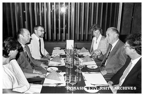 Lunch at University Club for visiting Yugoslav Ambassador Dr Boris Cizelj. From left: Dr Millicent Vladiv, Dr Cizelj, Professor Jiri Marvan, Mrs Cizelj, Acting Vice-Chancellor Professor Ian Polmear and Professor John Hay