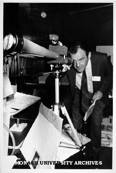 Dean of Science, Professor Bill Muntz with entry in Science Talent Search. Model created by Julius Kornides of Essendon Grammar