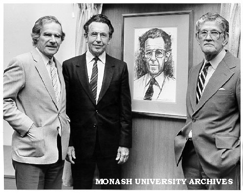 Professor John Swan next to portrait by Rick Amor, with Vice-Chancellor Professor Ray Martin (left) and Professor Ross Day