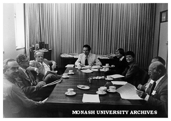 Universities Council visit to Science faculty. From left: Professor J. Warren, Professor R. H. Day, Professor N. Dunbar (Chairman UC), Professor J. M. Swan, Mr K. Huss, Dame Leonie Kramer, Professor R. Brown, Mr Rowland