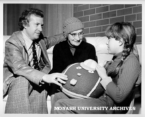 Convenor of Social Work's foster grandparents scheme, Mr Cliff Picton and prospective foster grandparent Miss Marjorie Hinde (with unidentified child)