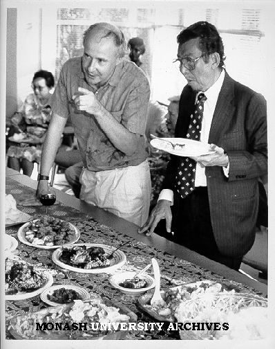 Dr David Hanan with Indonesian story and script writer Mr Misbach Yusa Biran at dinner for delegation from Indonesian film industry