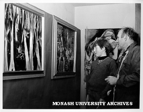 Mr F. Baker and son Joshua at Visual Arts Exhibition gallery on Open Day