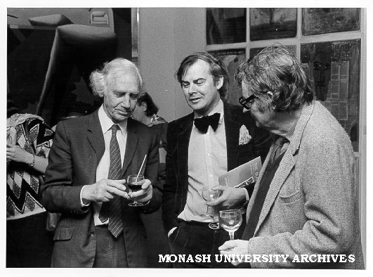 Professor Kevin Westfold, Professor Patrick McCaughey and Mr Roger Kemp at opening of retrospective on Blake Prize