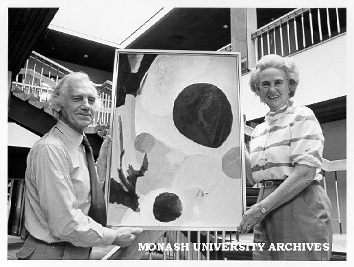 Deputy Vice-Chancellor Professor Kevin Westfold with artist Peggy Perrins Shaw and painting to be exhibited in The Age Gallery