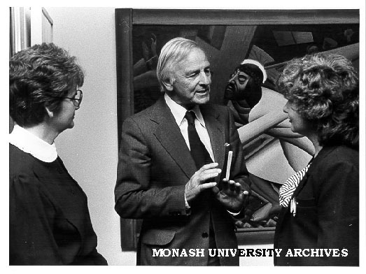 Reverend Professor Davis McCaughey at opening of exhibition of Blake Prize winners with Professor Margaret Plant (right) and unidentified woman (left)