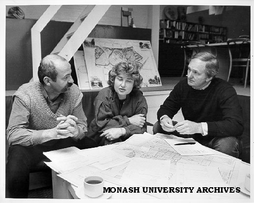 Professor Margaret Plant with architects Jaroslav Safer (left) and Daryl Jackson and plans for new gallery building