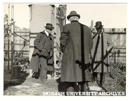 Sir John Monash (left, with unidentified men) at construction site, Wodonga Sub-station, Albury May 1926