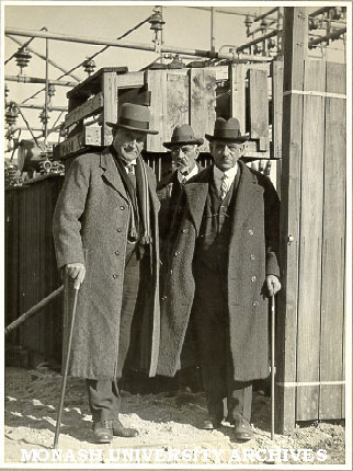 Sir John Monash (right) with Sir Robert Gibson (centre)and unidentified man (left) at construction site, Wodonga Sub-station, Albury, May 1926