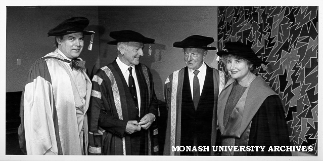 Foundation Professor of Visual Arts Patrick McCaughey (left), after receiving honorary Doctor of Letters with Governor Dr Davis McCaughey, Chancellor Sir George Lush, and chairman of Visual Arts Professor Margaret Plant