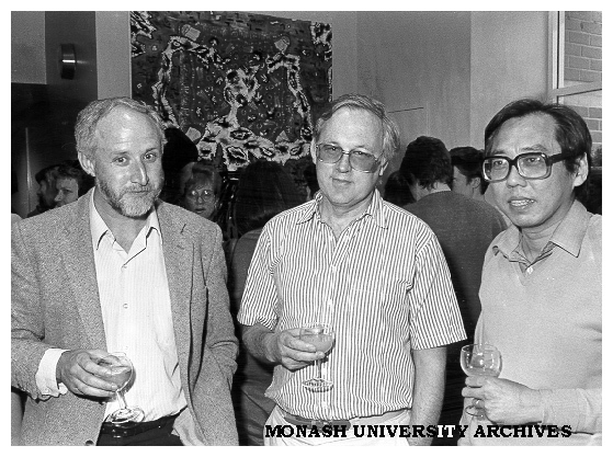 Guests at opening of Women's Studies Centre, Mr Phillip Siggins (Arts Faculty, left), Professor Graeme Davison (History, centre) and Mr C. L. Ten (Philosophy)