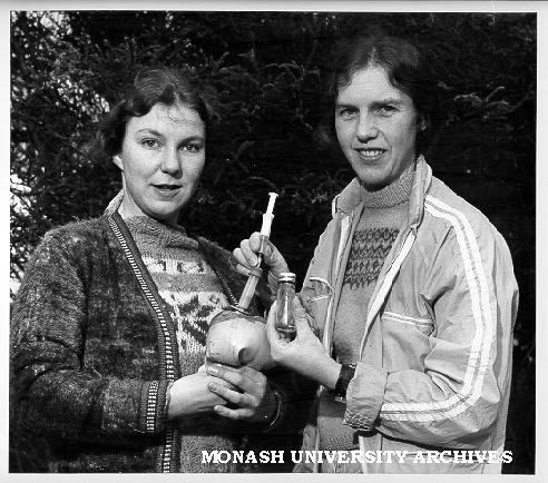Research assistant Sue Costain (left) holding bladder containing acetylene for botanist Dr Ann Lawrie