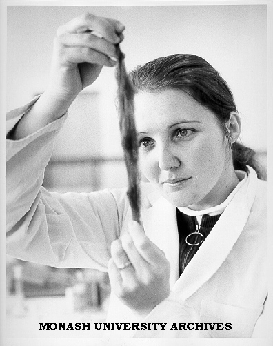 Miss Joan de Bollo with sample of dye treated wool