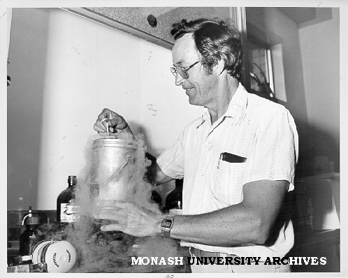 Dr George Ettershank freezing insect specimens in liquid nitrogen