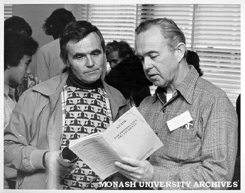 Professor Jim Warren (right) talking to prospective student, Open Day 1981
