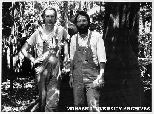 Dr Sam Lake (left) and Dr Dennis O'Dowd in rainforest of Christmas Island