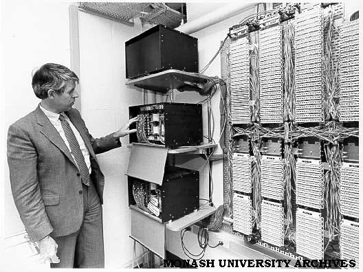 Computer Centre director Dr Cliff Bellamy explaining workings of MONET node