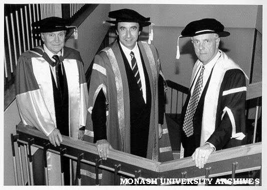 Honorary Doctor of Laws Justice William Crockett (left), with Deputy Chancellor Mr Paul Ramler and Professor Bob Williams
