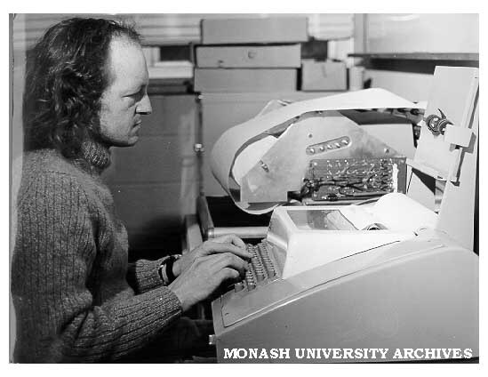 Graduate Tony Brown at Braille computer terminal, designed in association with Dr Cliff Bellamy