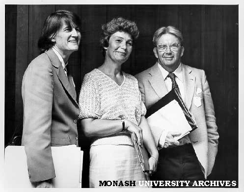 Justice Elizabeth Evatt (left), Mrs Helga Kuhse and Professor David Allbrook (UWA) at conference organised by Centre for Human Bioethics