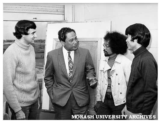 Professor Ida Bagus Mantra (second left) of Udayana University talking with students at Centre for Southeast Asian Studies, from left: John Ingleson, Putu Kompiang and Yuji Suzuki