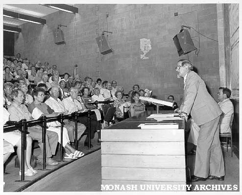 Vice-Chancellor Ray Martin opening University of the Third Age at Monash (Director of the Centre for Continuing Education, Dr J. A. McDonnel, seated on right)