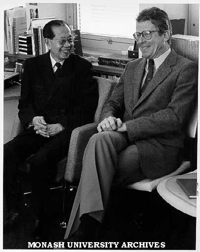 Mr Son Sann, Prime Minister of Kampuchea and Associate Professor David Chandler, research director of Centre for Southeast Asian Studies