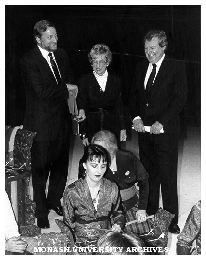 Senator Gareth Evans (left), Professor Margaret Kartomi and Professor Mal Logan at the launch of the Institute for Contemporary Asian Studies