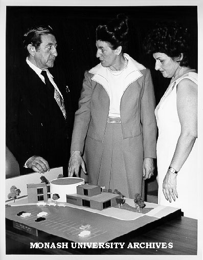 Dinah and Henry Krongold with Professor Marie Neale (centre) and model of proposed Krongold Centre